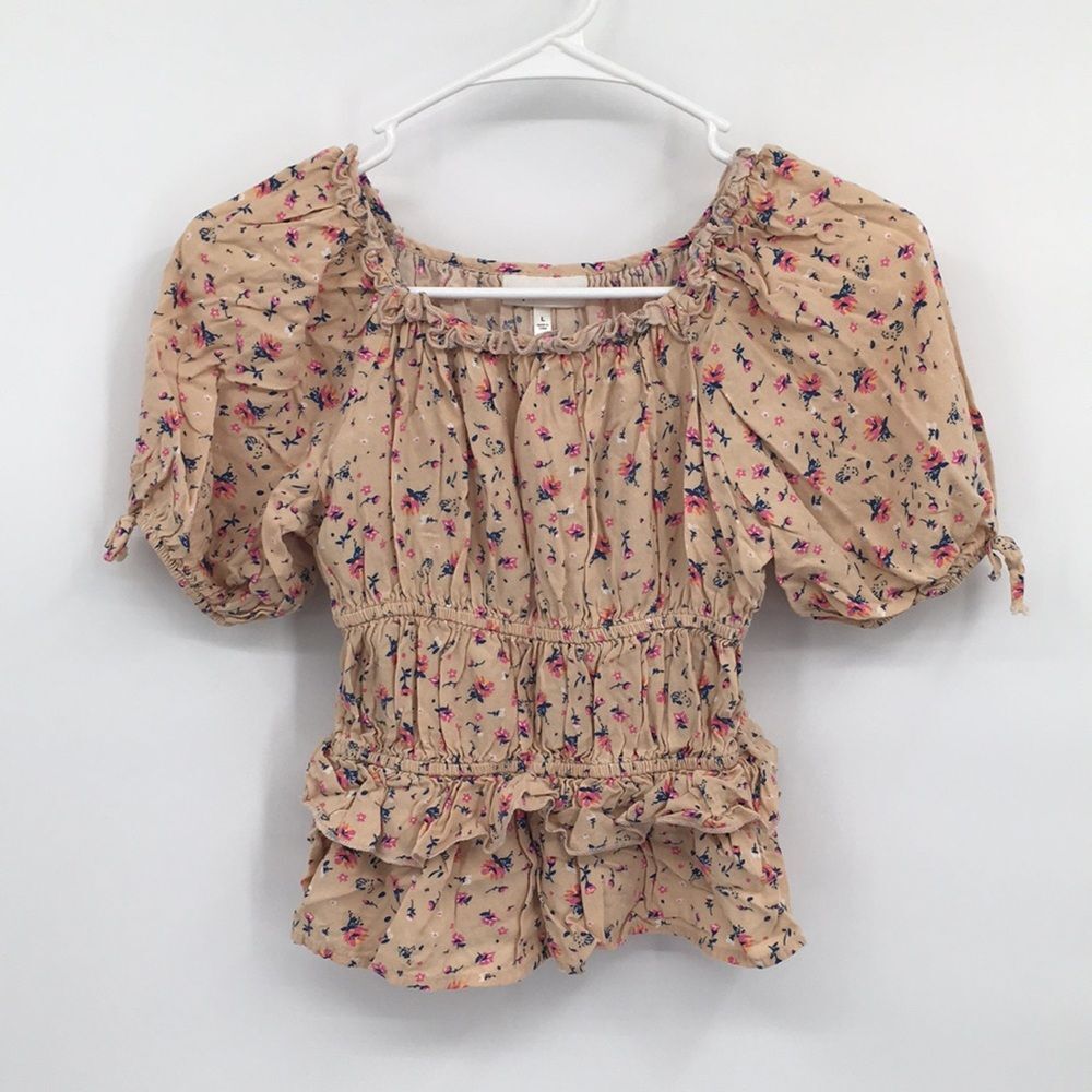 Sugar & diamonds girls floral tiered blouse fitted top ruffle puff sleeve Large
